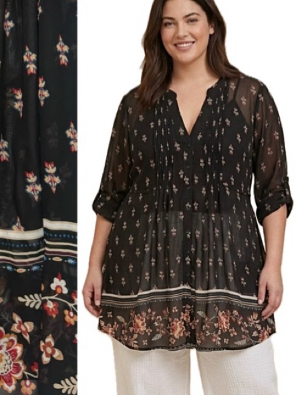 American Rag Sheer Floral Pintuck Tunic Top Womens Size XL Button Down Tie Back